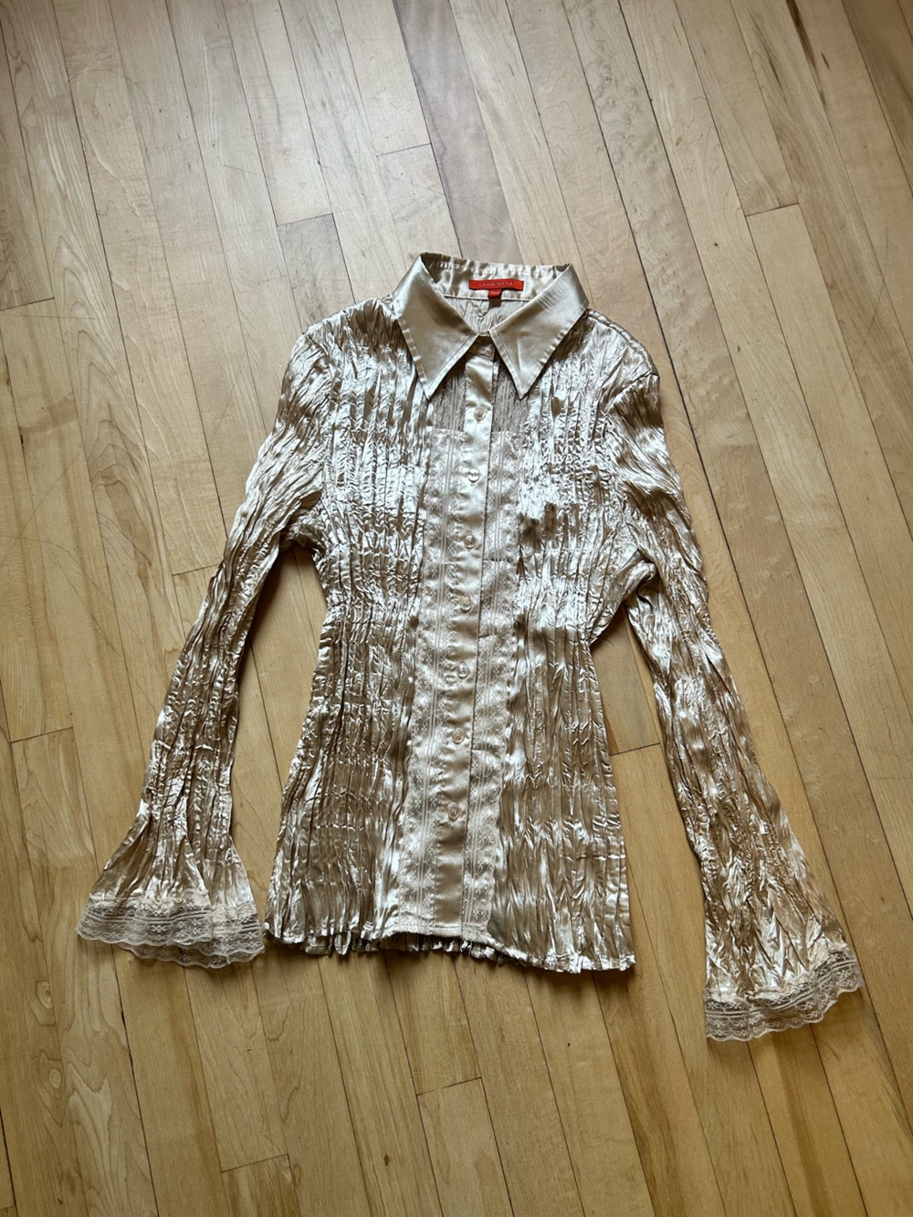 Satin Crinkled Button-Up Blouse in Champagne